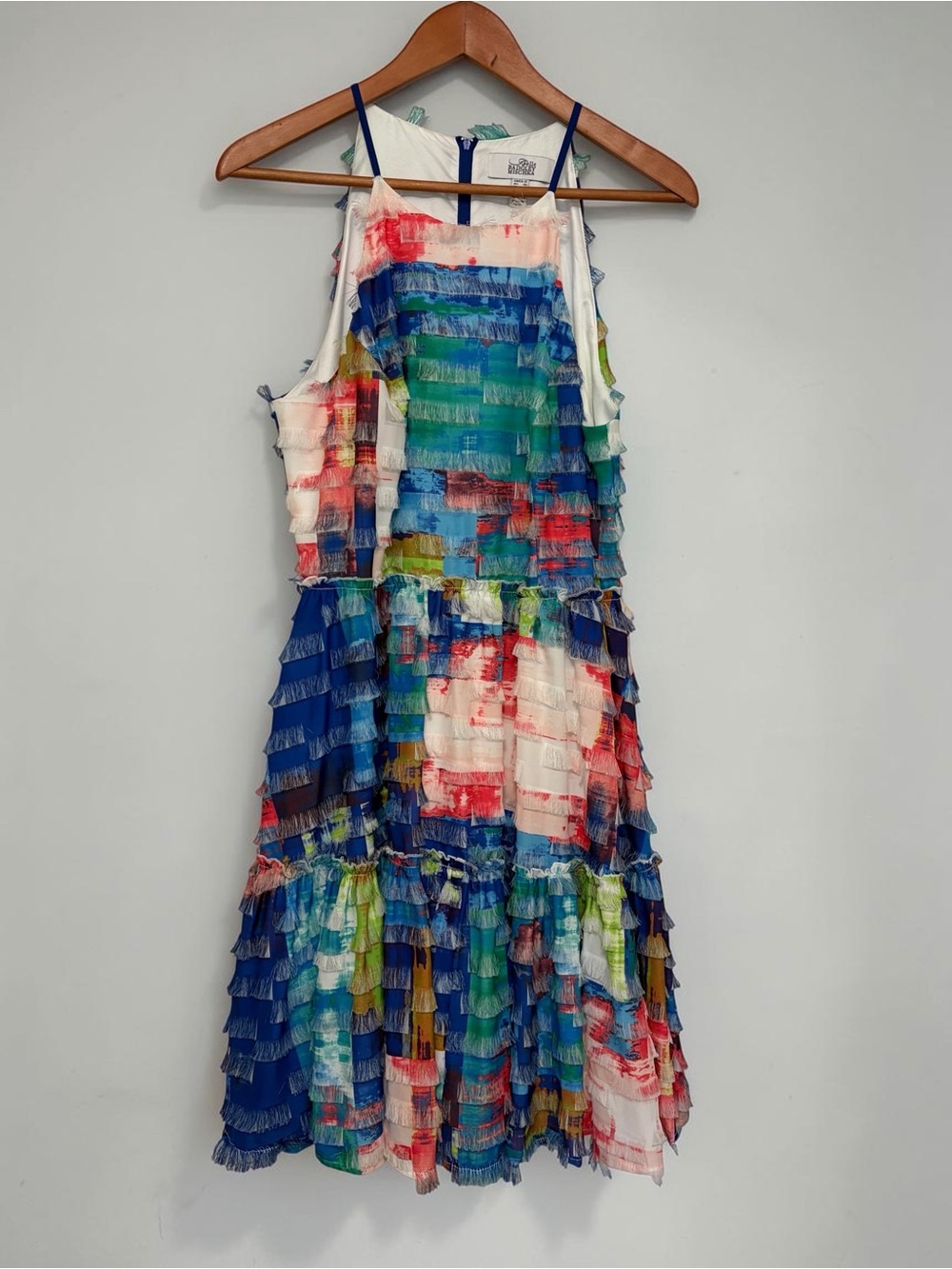 Belle Badgley Mischka Blair Fringe Tiered Fit and Flare Halter Ruffle Dress 12